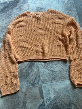 Sincerly Jules Peach Openwork Cropped Crewneck Sweater